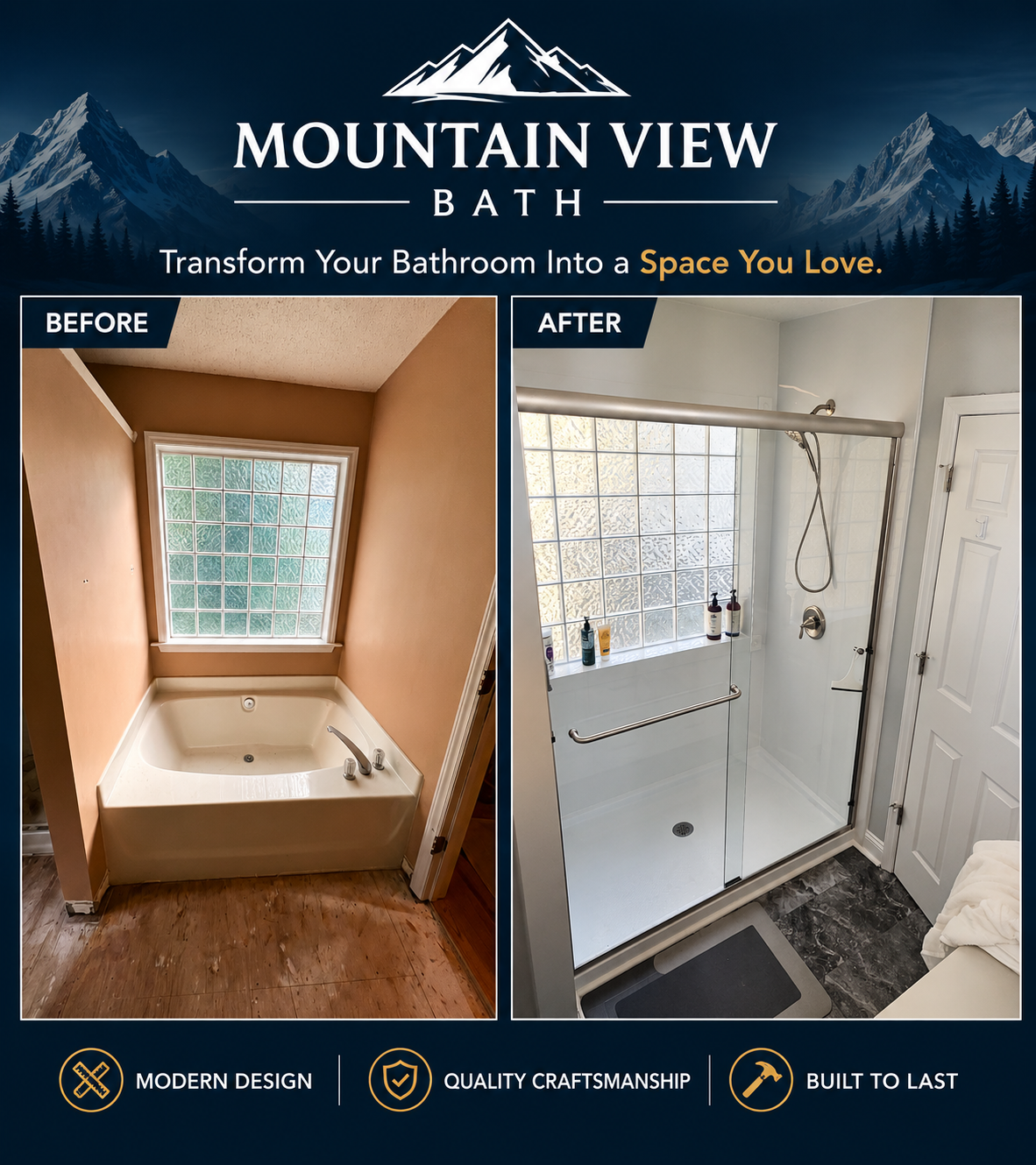 Bathroom remodel before and after — outdated tub replaced with sleek glass shower